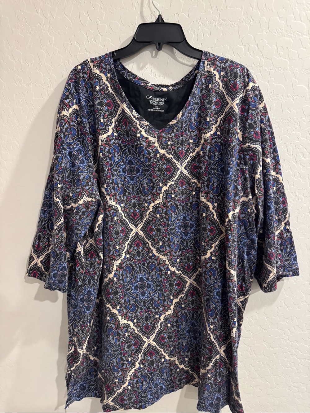 Catherines Navy Blue Patterned V-Neck Tunic with Cream & Pink Accents